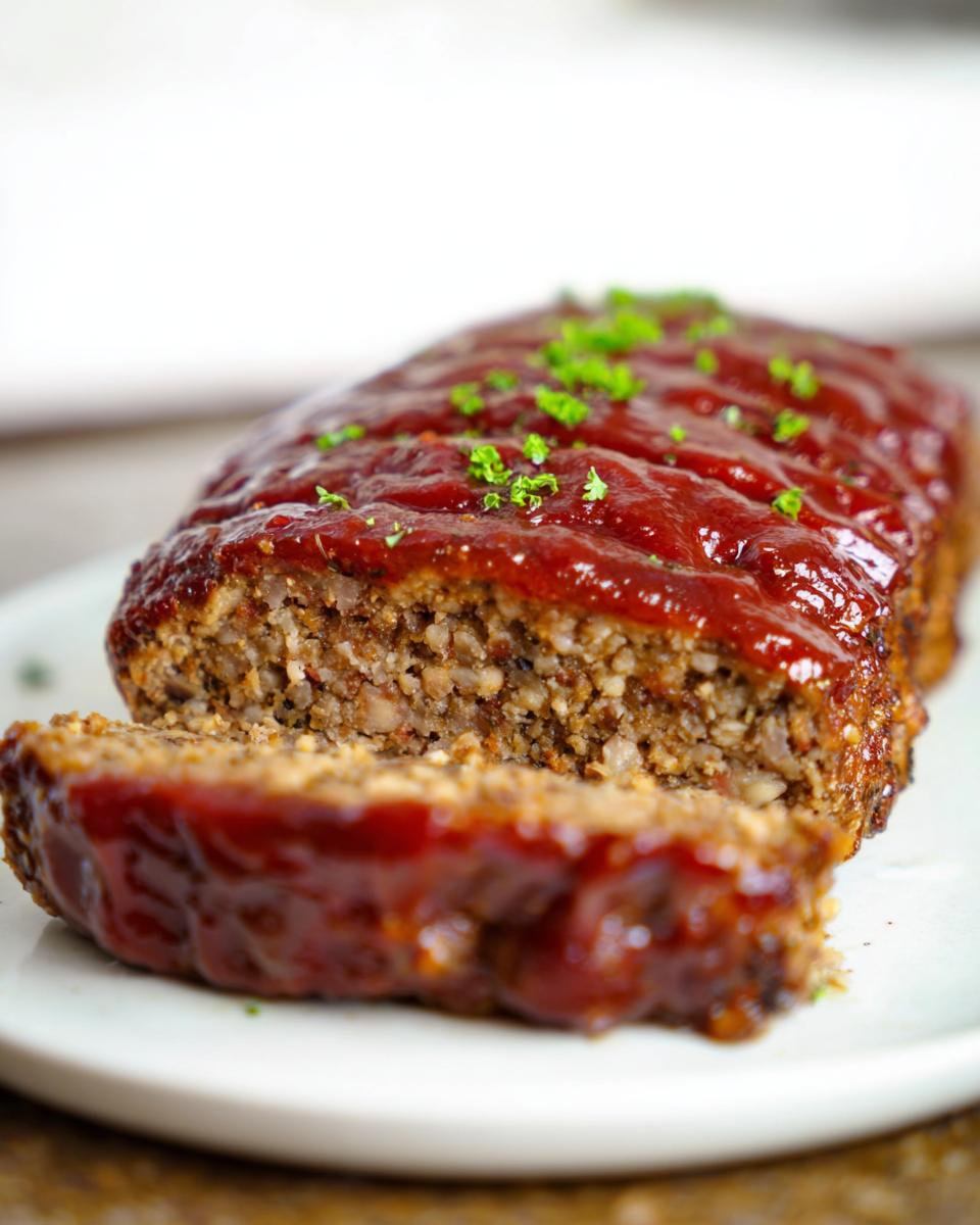 A slice of moist From Scratch Meatloaf With Savory Glaze, topped with a glossy red glaze and fresh parsley.