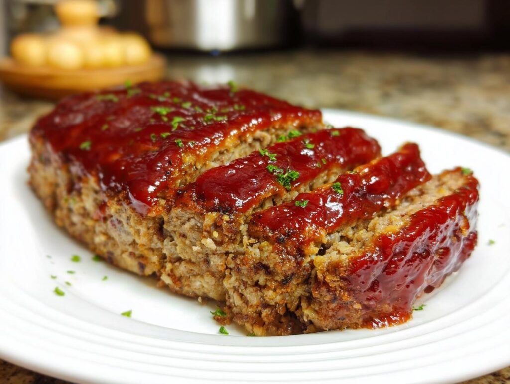 A delicious From Scratch Meatloaf With Savory Glaze, sliced and served on a white plate, garnished with parsley.