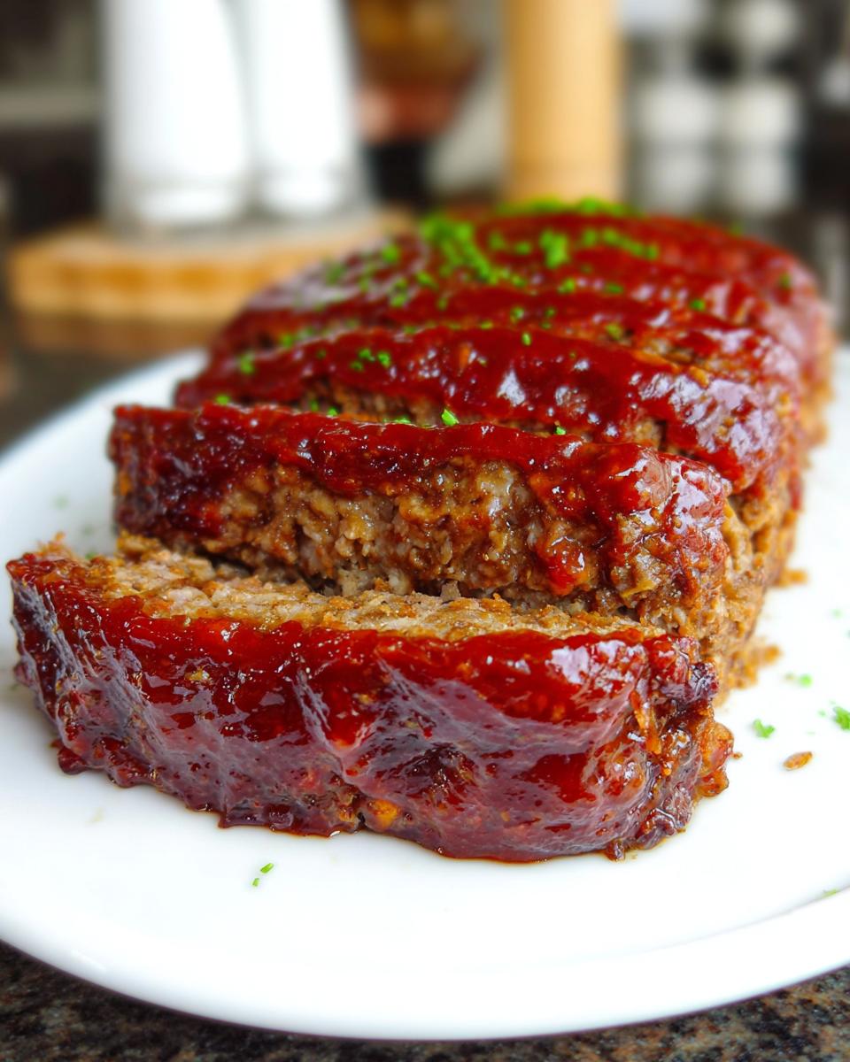 Close-up of a sliced From Scratch Meatloaf With Savory Glaze, topped with a rich, glossy glaze and garnished with fresh herbs.