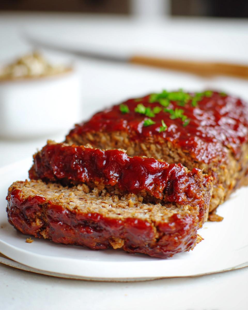 A close-up of a sliced From Scratch Meatloaf With Savory Glaze, topped with a rich, glossy glaze and fresh parsley.