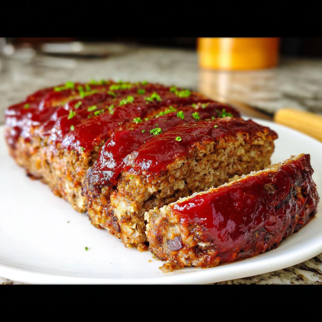 A delicious slice of From Scratch Meatloaf With Savory Glaze, topped with a rich glaze and garnished with parsley.