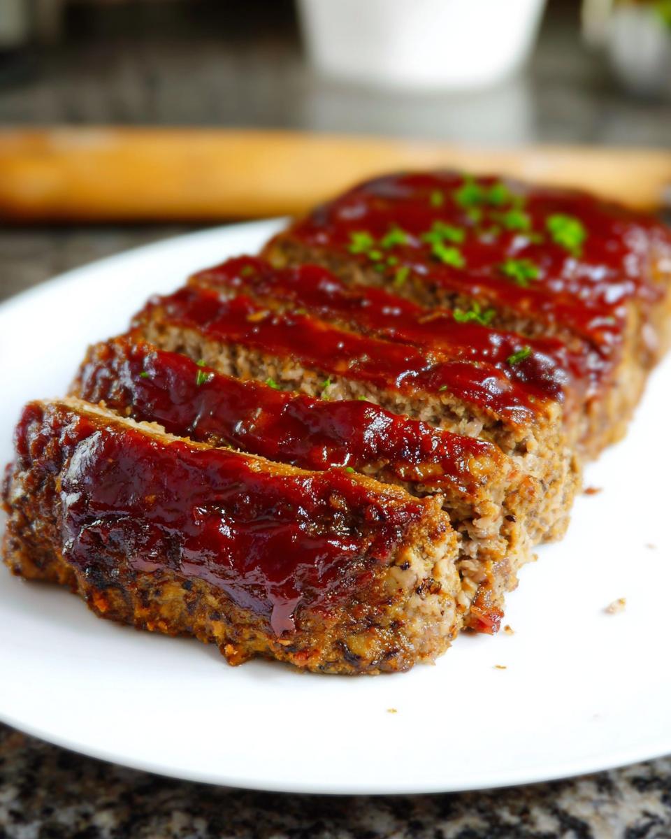 Close-up of sliced From Scratch Meatloaf With Savory Glaze, topped with a glossy glaze and fresh parsley.