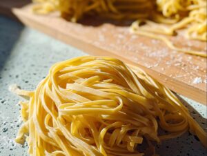 A close-up of freshly made pasta from scratch, showcasing its silky texture, with more pasta on a wooden board in the background.