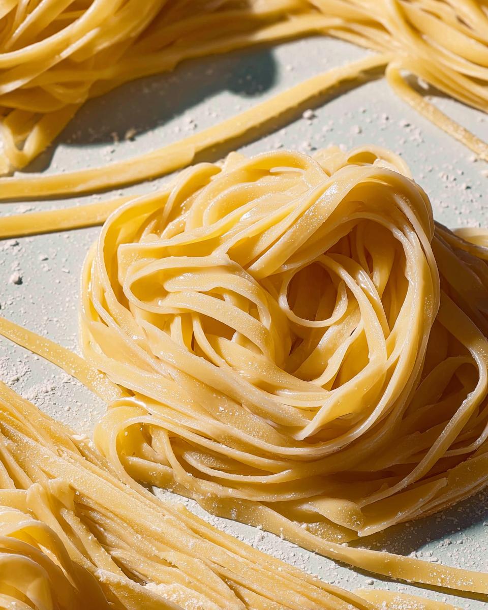 Close-up of freshly made pasta nests and strands, showcasing the silky texture of homemade pasta.