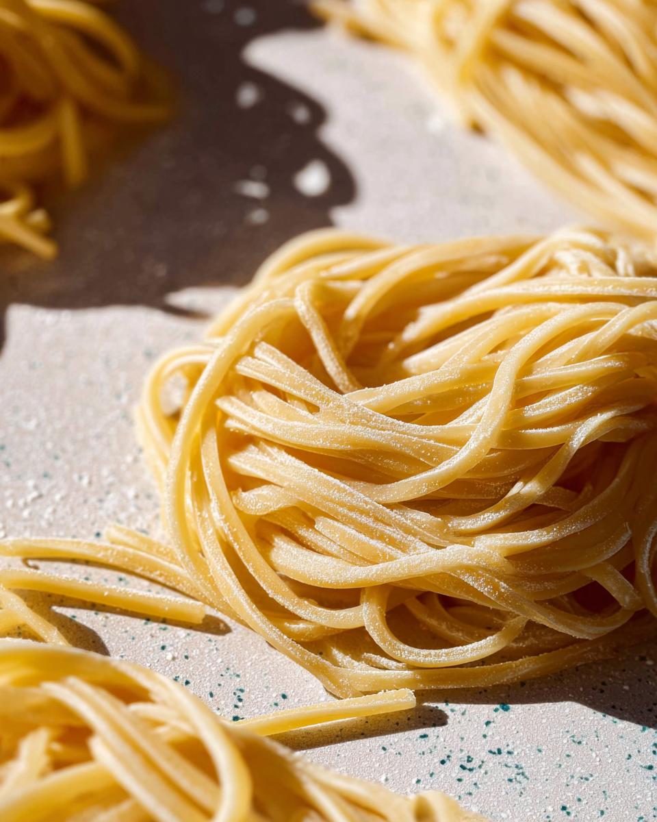 Close-up of fresh, uncooked From Scratch Pasta With Silky Texture, formed into nests.