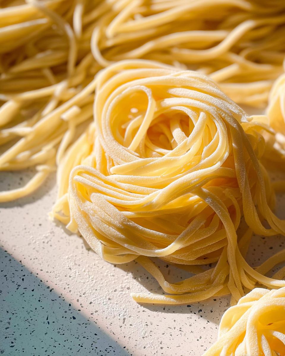 Close-up of freshly made pasta nests, showcasing the silky texture of the homemade noodles.