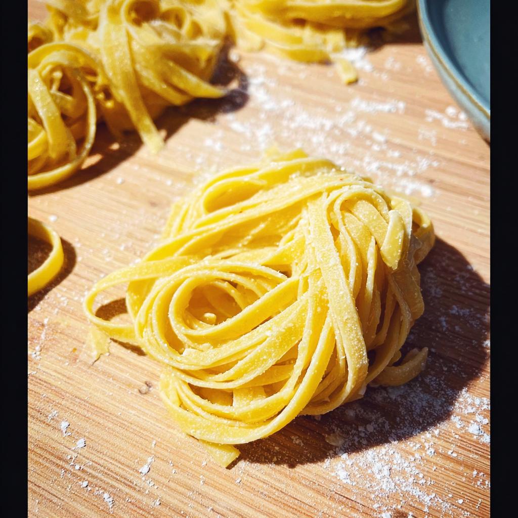 Close-up of fresh, golden From Scratch Pasta With Silky Texture nests on a wooden board dusted with flour.