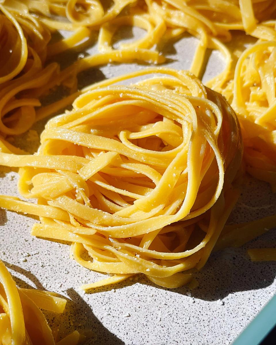 Close-up of freshly made pasta noodles with a silky texture, dusted with fine salt.