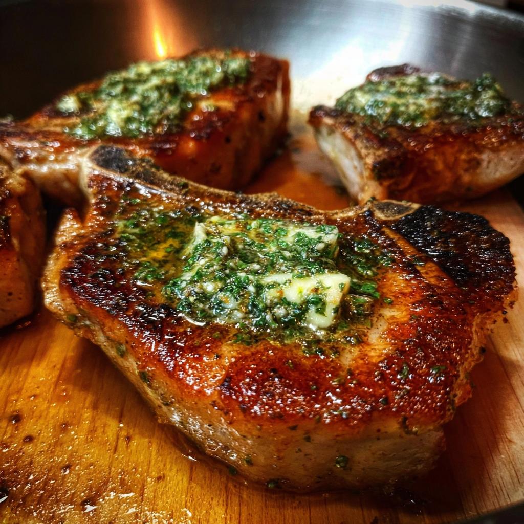 Close-up of juicy, pan-seared pork chops topped with melting herb butter.