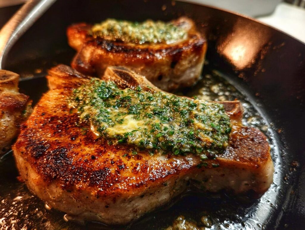 Close-up of juicy From Scratch Pork Chops With Herb Butter sizzling in a pan.