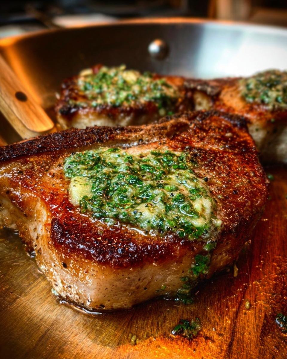 Close-up of juicy pork chops from scratch with herb butter melting on top, cooked in a pan.