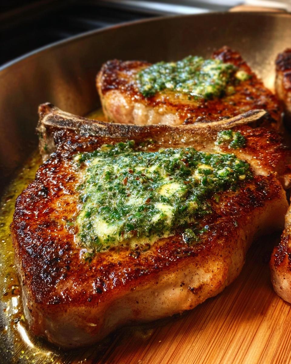 Close-up of juicy, pan-seared pork chops topped with melted herb butter.