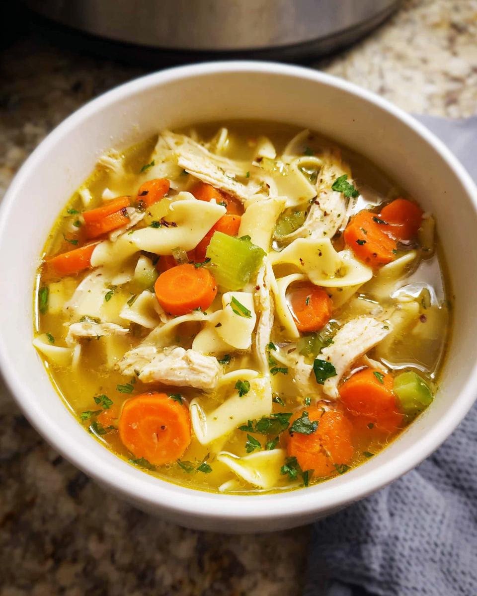 A comforting bowl of homemade chicken noodle soup, featuring shredded chicken, wide egg noodles, carrots, and celery in a rich broth.