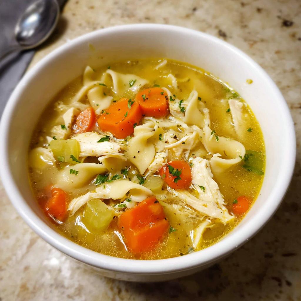 A comforting bowl of homemade chicken noodle soup, featuring shredded chicken, wide egg noodles, carrots, and celery, seasoned with herbs.