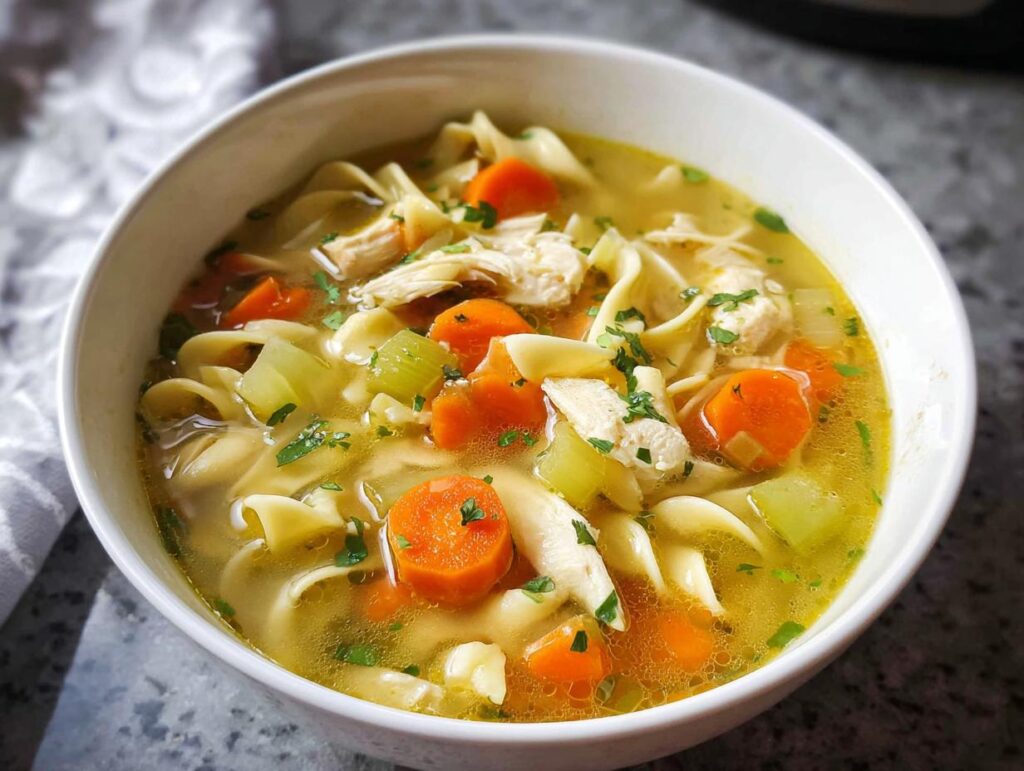 A comforting bowl of homemade chicken noodle soup, featuring wide egg noodles, shredded chicken, carrots, celery, and fresh parsley.