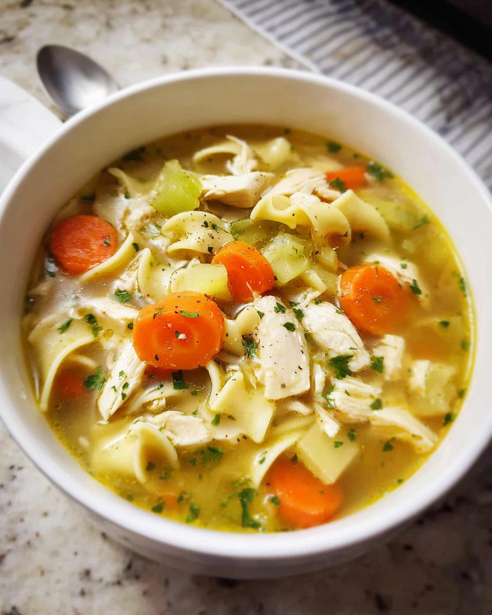 A comforting bowl of From Scratch Soup With Deep Flavor, featuring tender chicken, wide noodles, carrots, and celery in a rich broth.