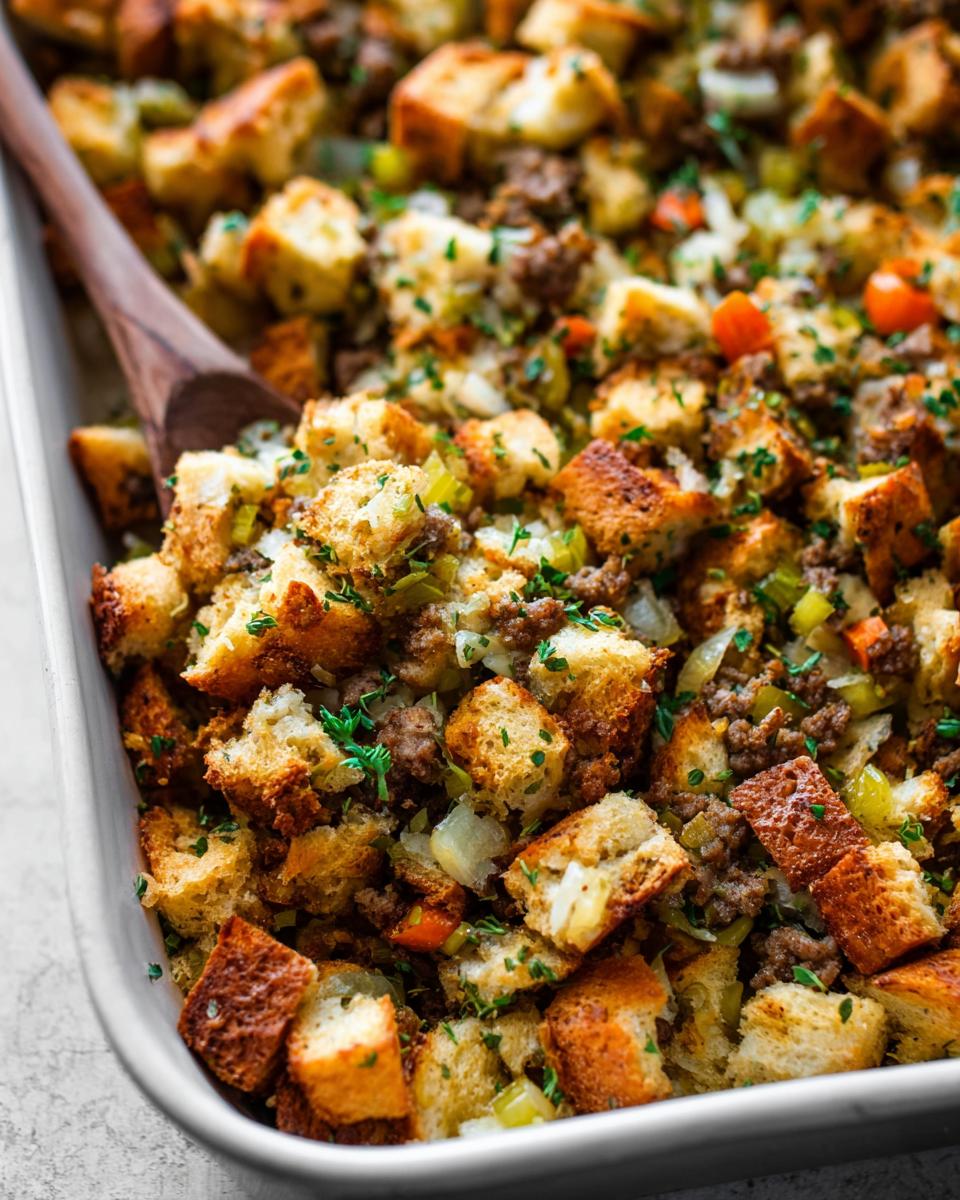 Close-up of a baking dish filled with classic and easy Thanksgiving stuffing from scratch, featuring bread cubes, sausage, and herbs.