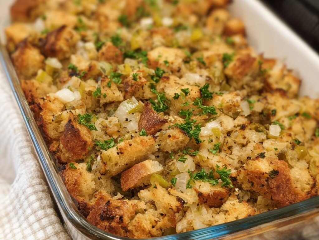 Close-up of Grandma's Thanksgiving Stuffing Recipe in a baking dish, showing toasted bread cubes, celery, onion, and parsley.