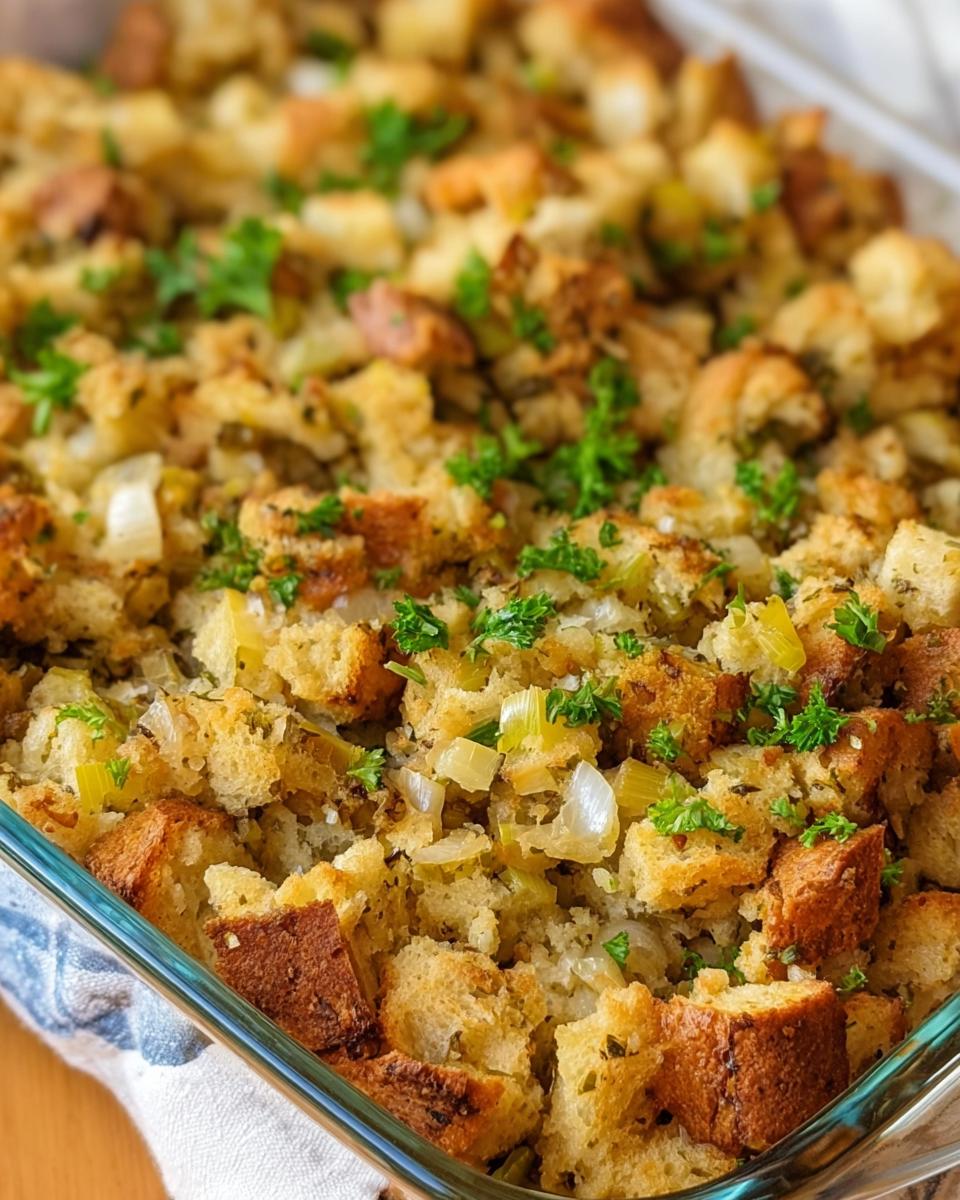 Close-up of Grandma's Thanksgiving Stuffing Recipe, golden brown bread cubes with celery and onion, garnished with parsley.