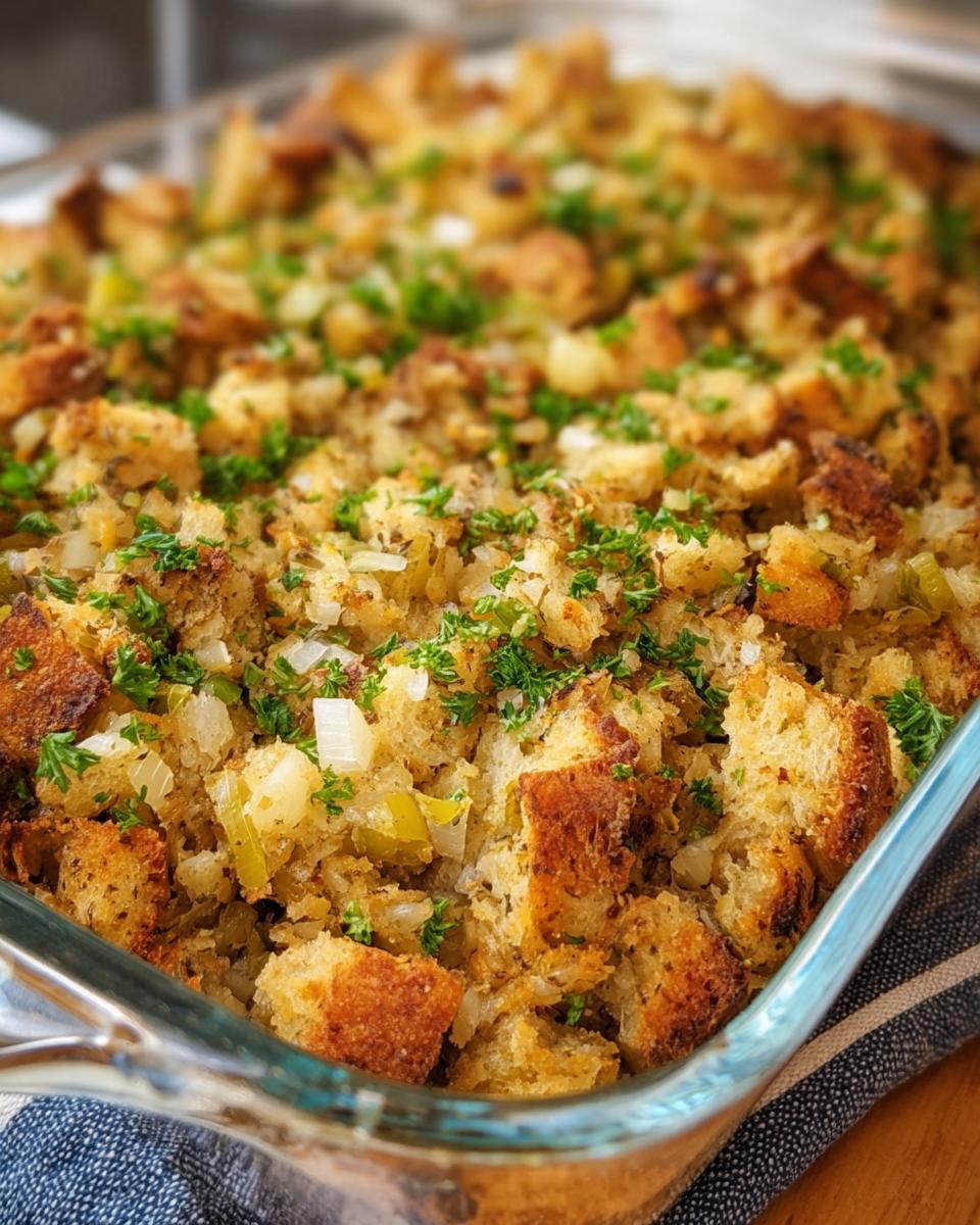 Close-up of Grandma's Thanksgiving Stuffing Recipe in a glass baking dish, golden brown with herbs.