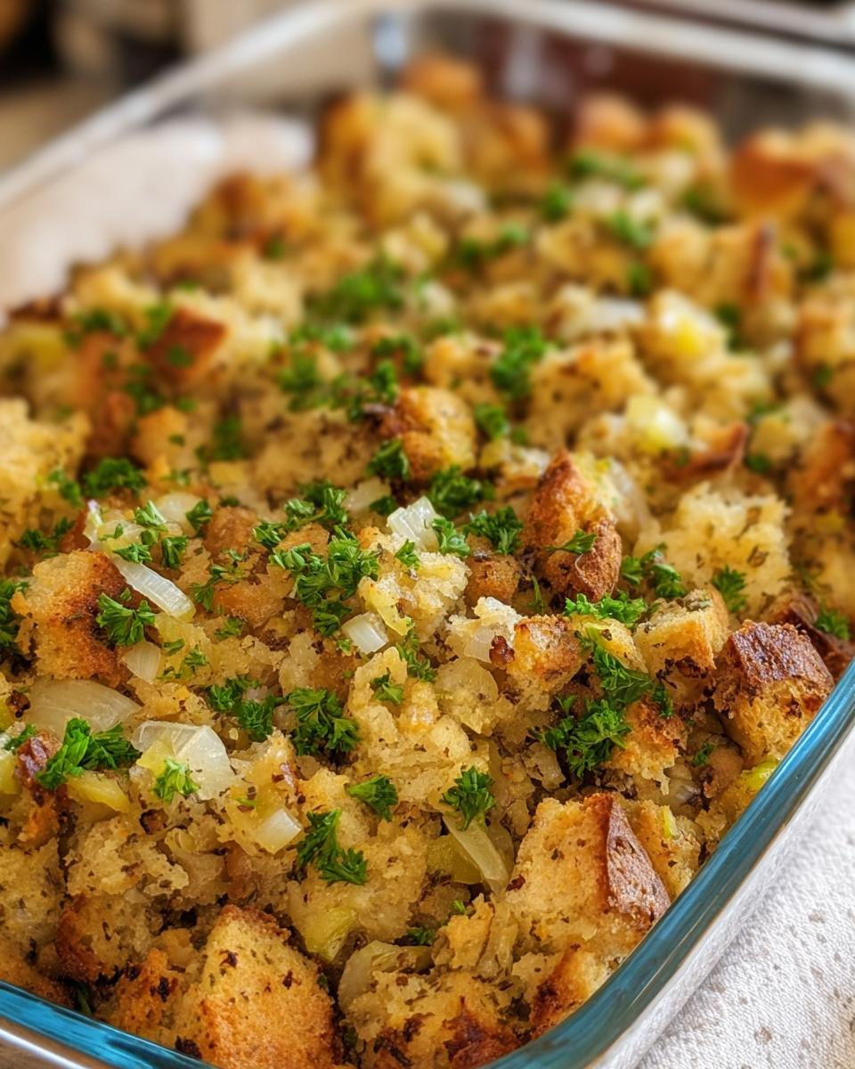 Close-up of Grandma's Thanksgiving Stuffing Recipe in a baking dish, topped with fresh parsley.