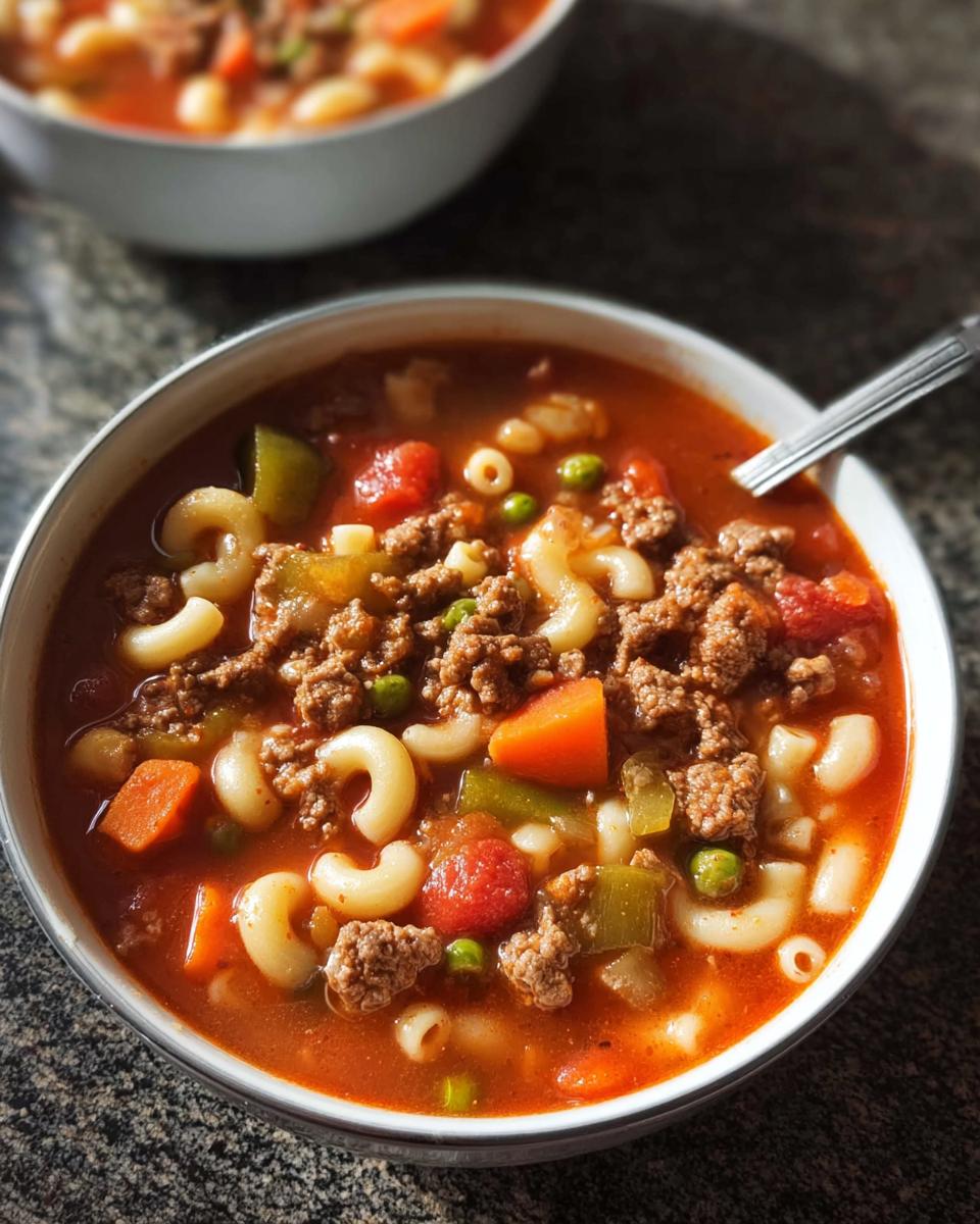 A close-up of a bowl of hearty beef and macaroni soup, filled with ground beef, pasta, carrots, peas, and tomatoes.