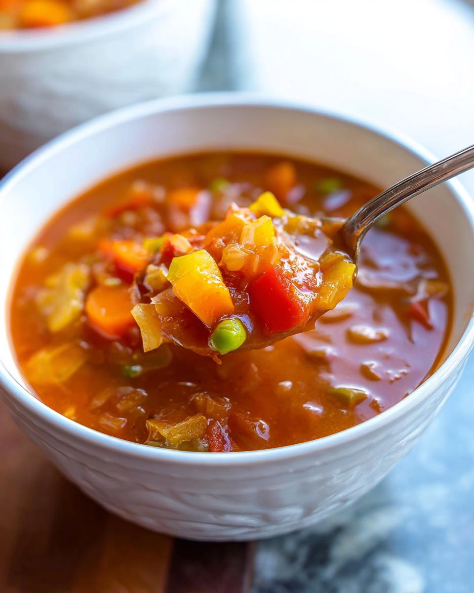 A spoonful of hearty vegetable soup, showcasing carrots, peas, and bell peppers, from homemade soup recipes.