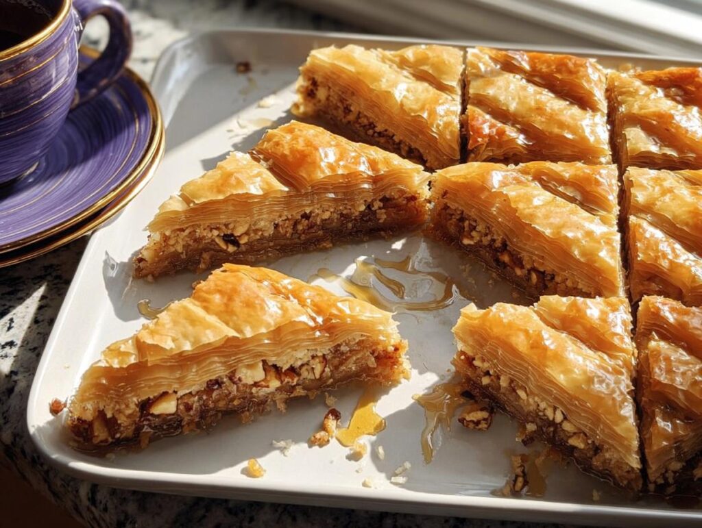 Close-up of freshly baked baklava slices, showcasing layers of flaky pastry and a nutty filling, drizzled with syrup. A perfect example of from scratch desserts that impress.