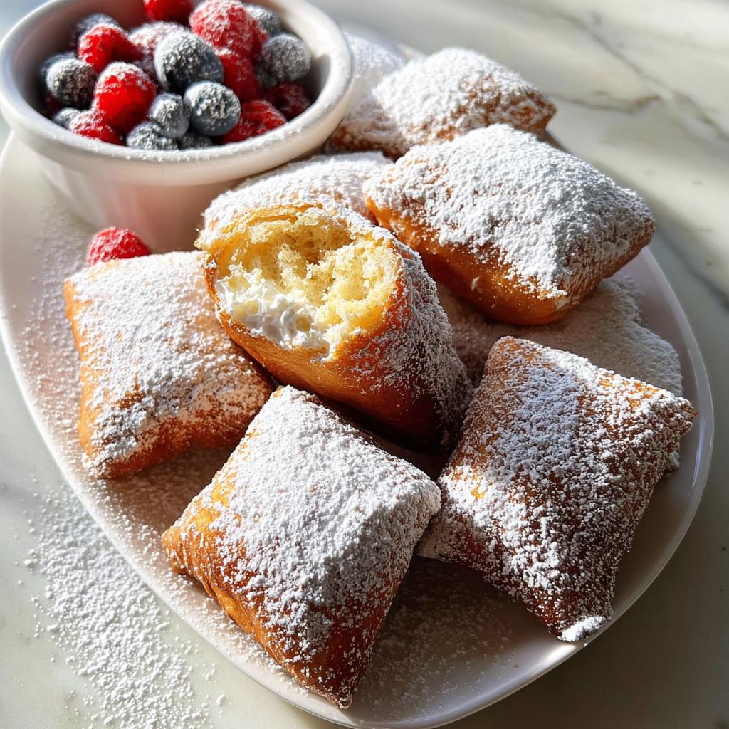 A plate of freshly made beignets, generously dusted with powdered sugar, with a bowl of berries in the background.