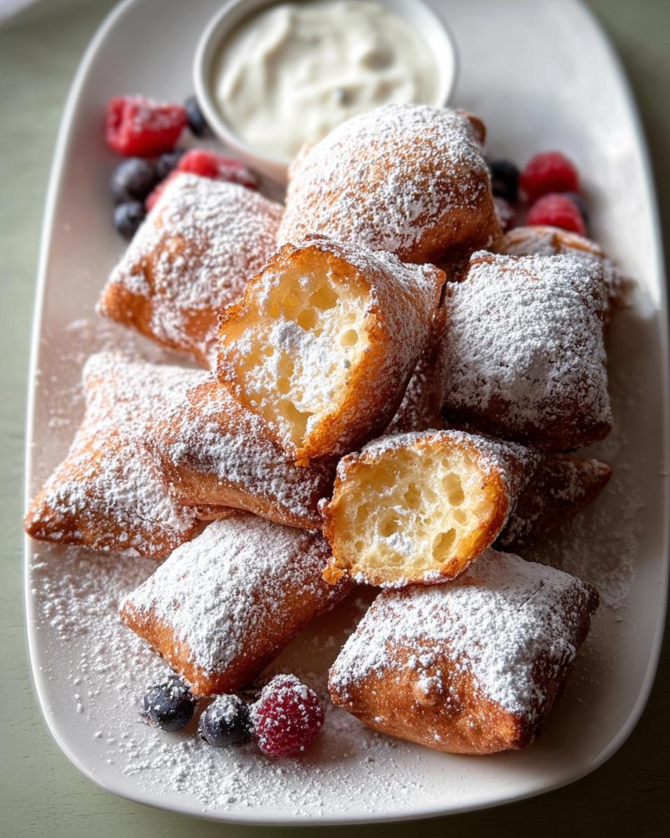 A pile of golden brown beignets dusted with powdered sugar, served with berries and a side of cream.