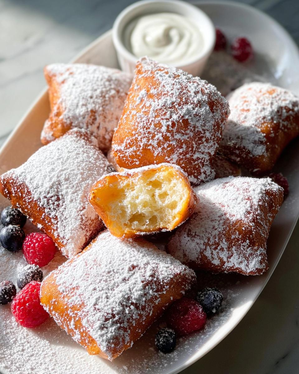 A plate of freshly made beignets, generously dusted with powdered sugar, served with berries and a side of cream.