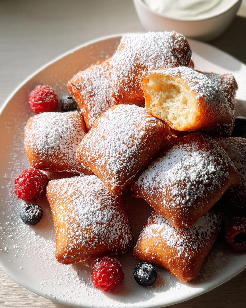 A plate of freshly made beignets, generously dusted with powdered sugar, served with fresh raspberries and blueberries.