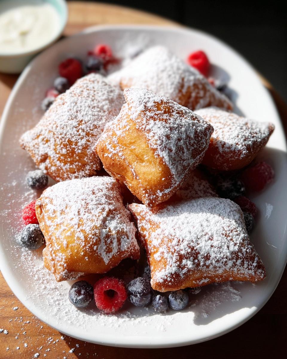 A plate of golden brown beignets dusted generously with powdered sugar, served with fresh berries and a side of cream.