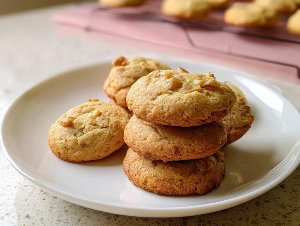 A stack of freshly baked homemade cookies with nuts on a white plate, part of homemade dessert recipes step by step.