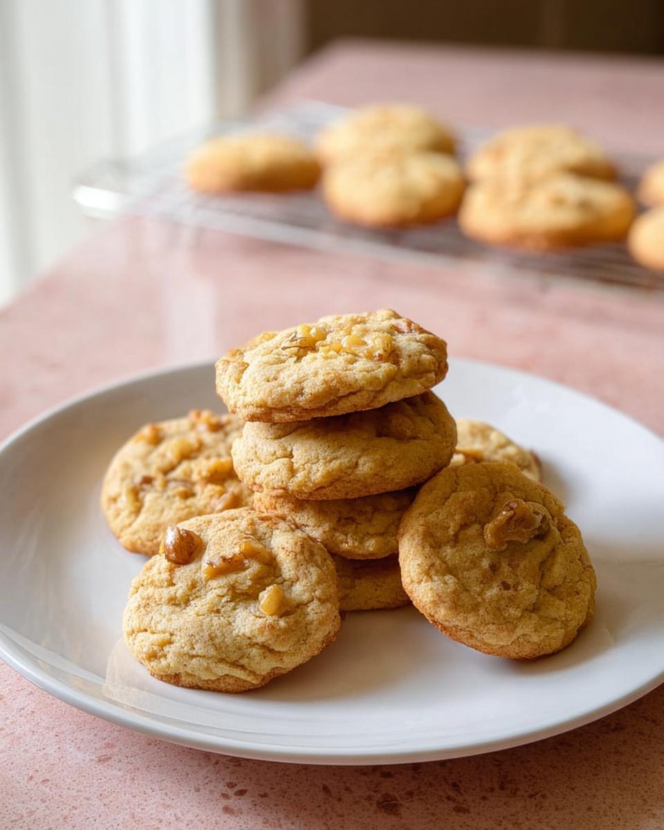 A stack of freshly baked homemade walnut cookies on a white plate, part of amazing homemade dessert recipes.