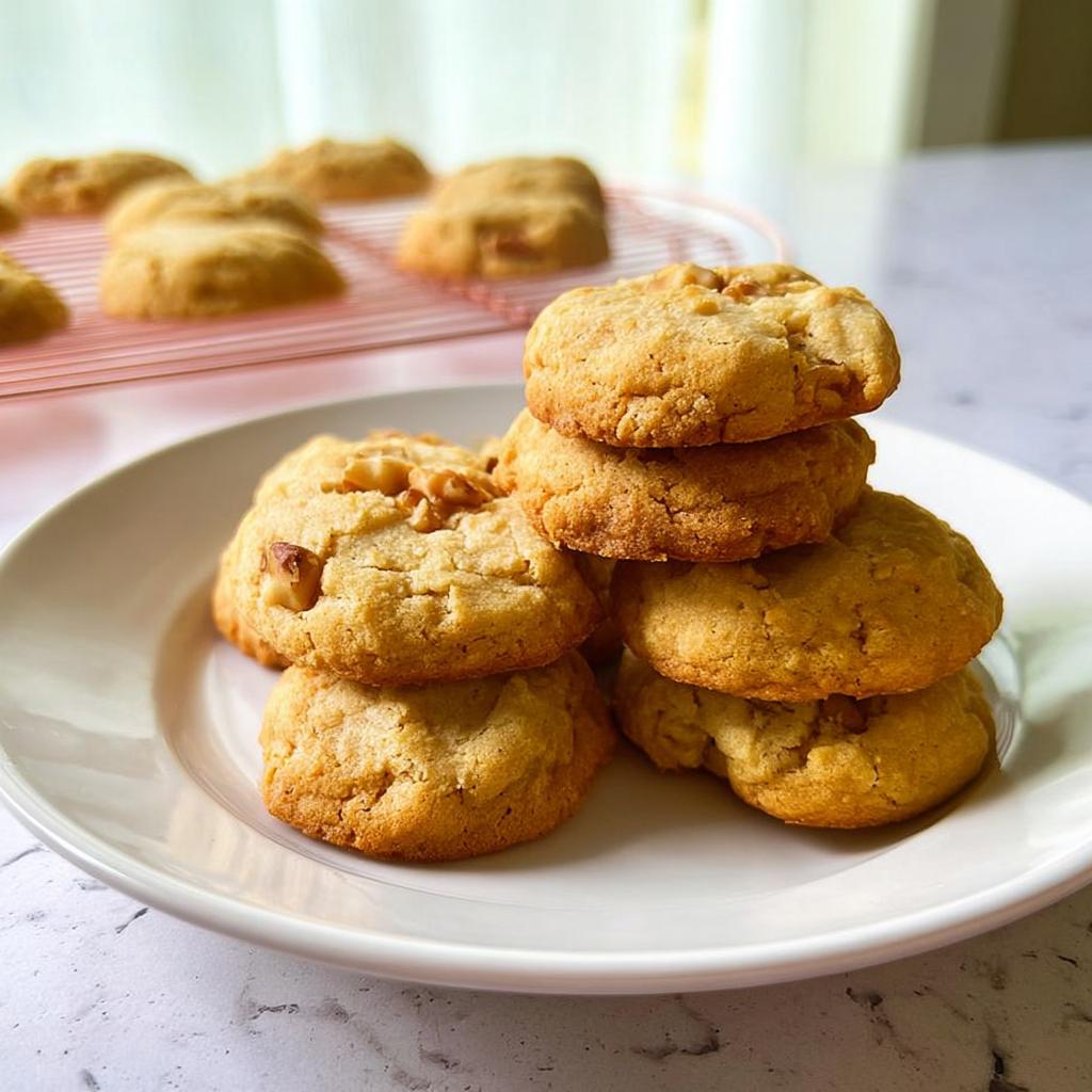 Stack of freshly baked walnut cookies on a white plate, part of homemade dessert recipes.