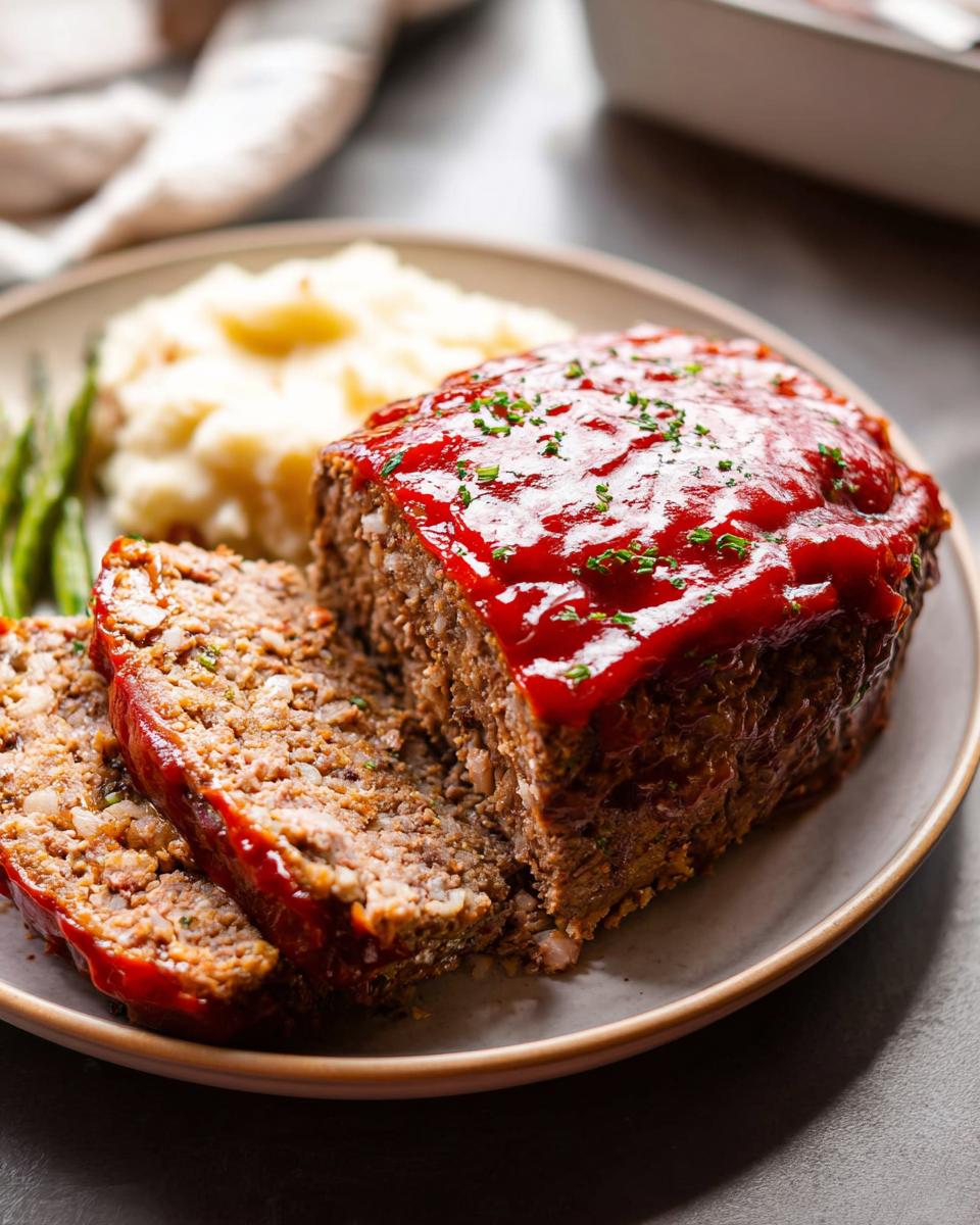 A slice of perfect homemade meatloaf recipe topped with glaze, served with mashed potatoes and asparagus.