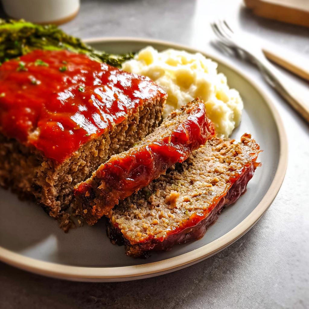 A delicious slice of homemade meatloaf recipe topped with glaze, served with mashed potatoes and asparagus.