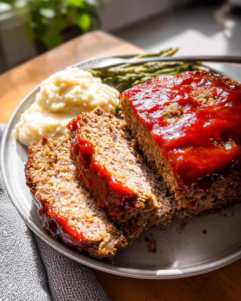 A slice of delicious homemade meatloaf recipe, topped with glaze, served with mashed potatoes and asparagus.