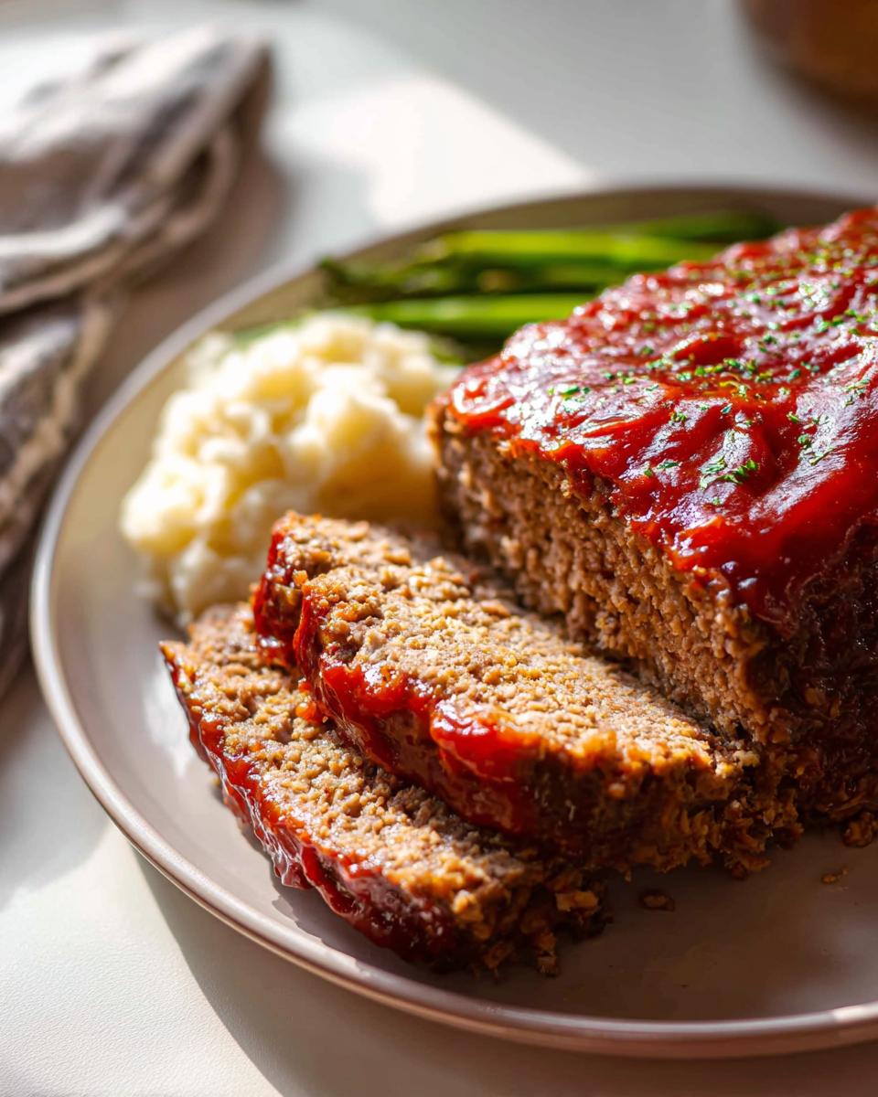 A delicious slice of homemade meatloaf recipe, topped with glaze and served with mashed potatoes and green beans.