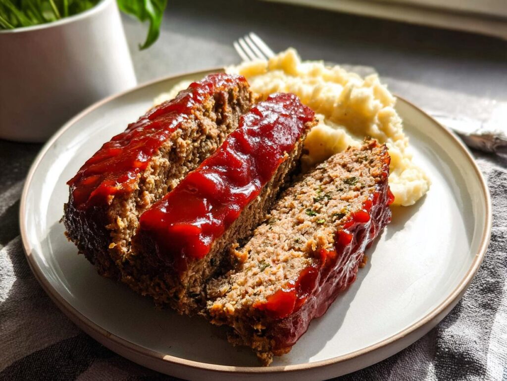 A slice of homemade meatloaf recipe step by step, topped with ketchup and served with mashed potatoes.