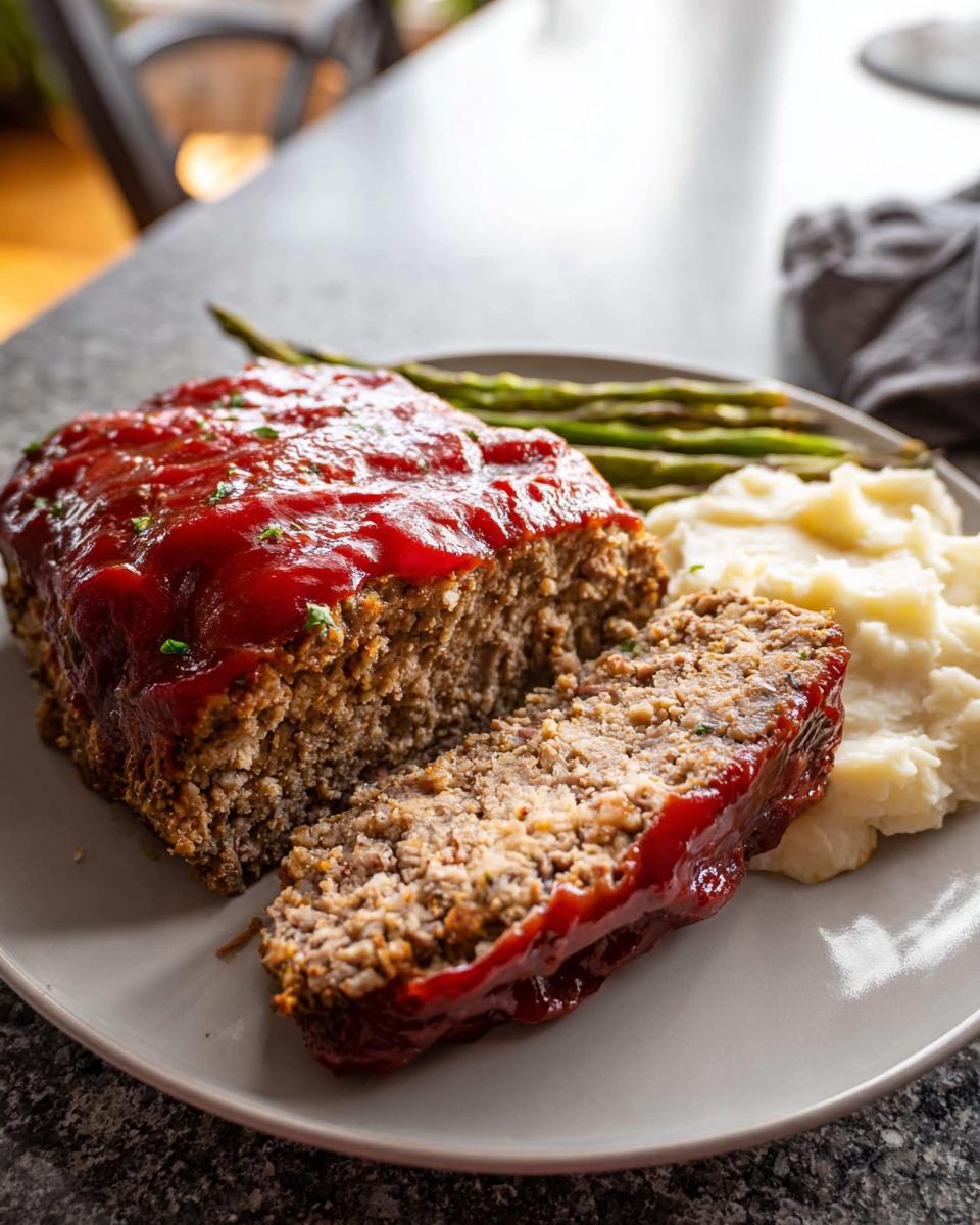 A slice of homemade meatloaf recipe step by step, topped with ketchup glaze, served with mashed potatoes and asparagus.