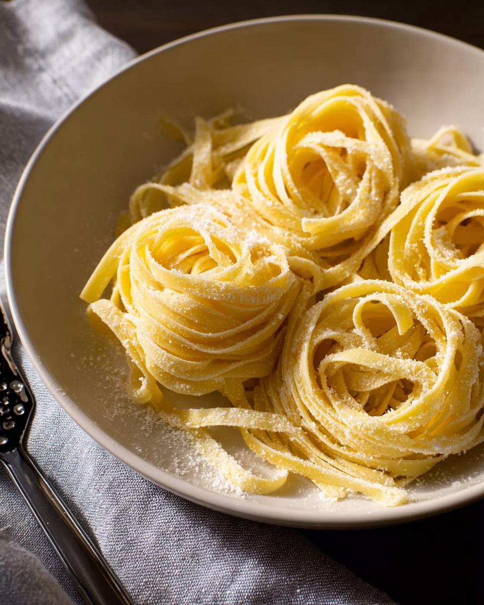 Three nests of fresh homemade pasta, dusted with flour, served on a plate.