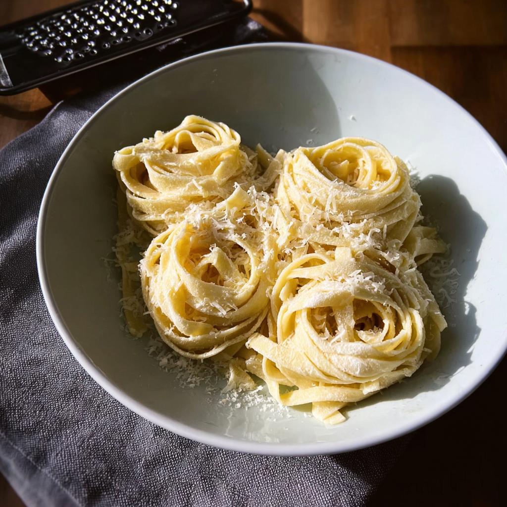 A bowl of freshly made fettuccine nests, sprinkled with grated Parmesan cheese, part of homemade pasta recipes step by step.