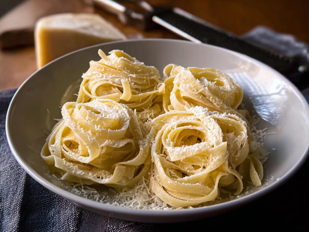 A close-up of freshly made fettuccine nests, sprinkled with grated Parmesan cheese, part of Homemade Pasta Recipes Step By Step.