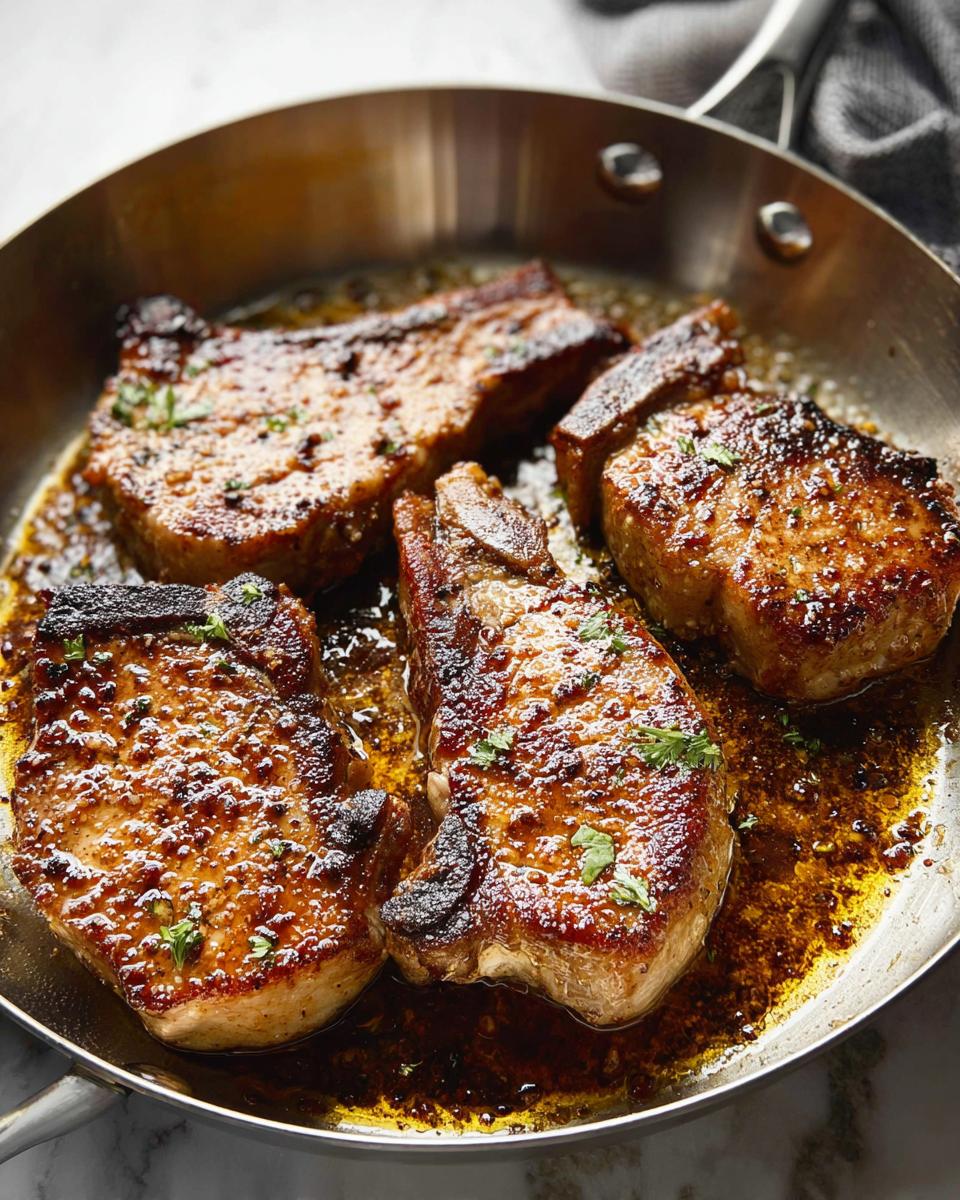 Four juicy homemade pork chops sizzling in a pan with pan sauce and herbs.
