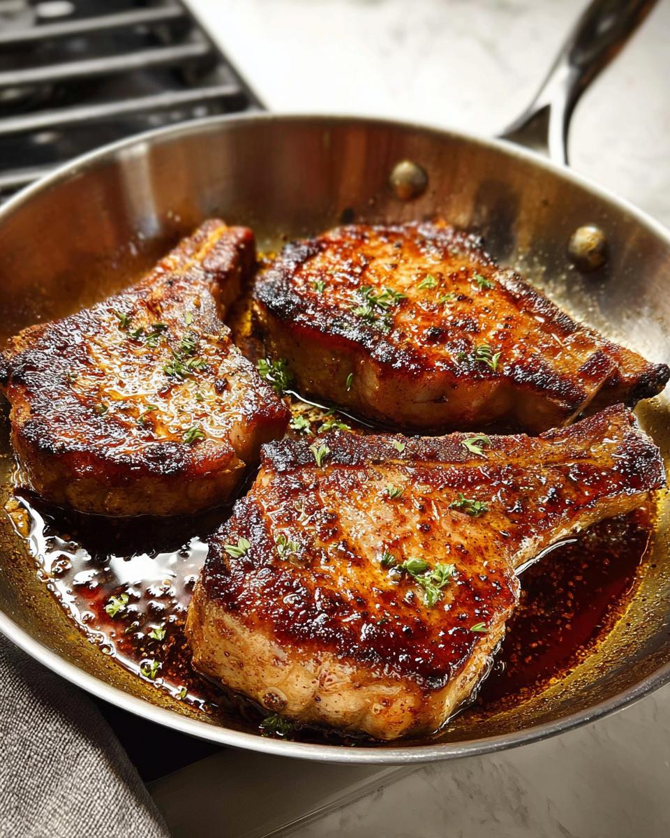 Three perfectly seared homemade pork chops cooking in a stainless steel skillet with a rich pan sauce.
