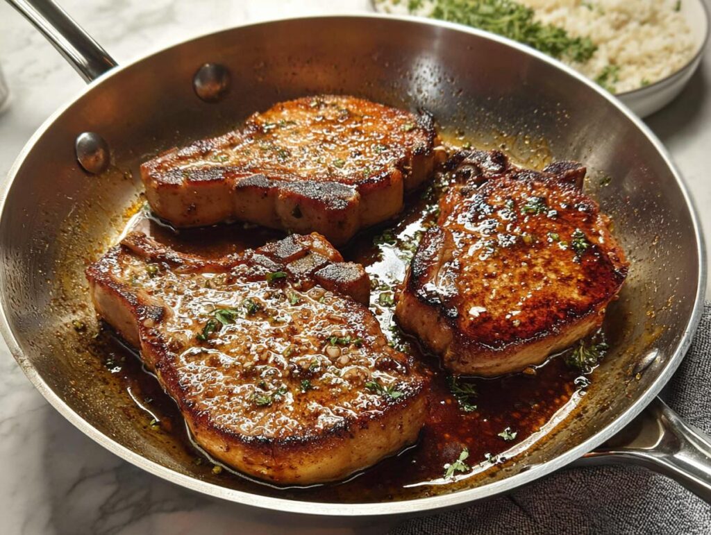 Three juicy homemade pork chops sizzling in a pan with a rich sauce and herbs.