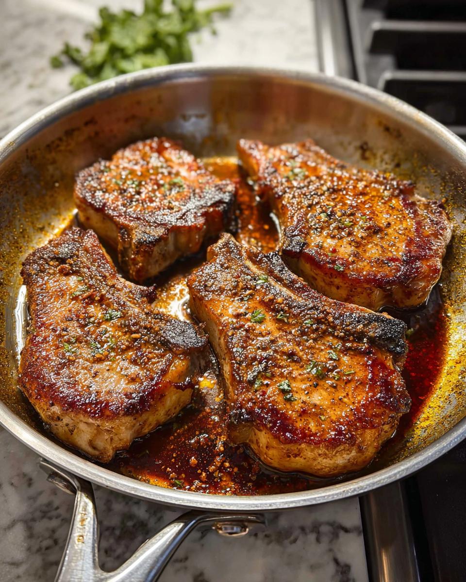 Four juicy homemade pork chops searing in a stainless steel skillet with a rich pan sauce and herbs.