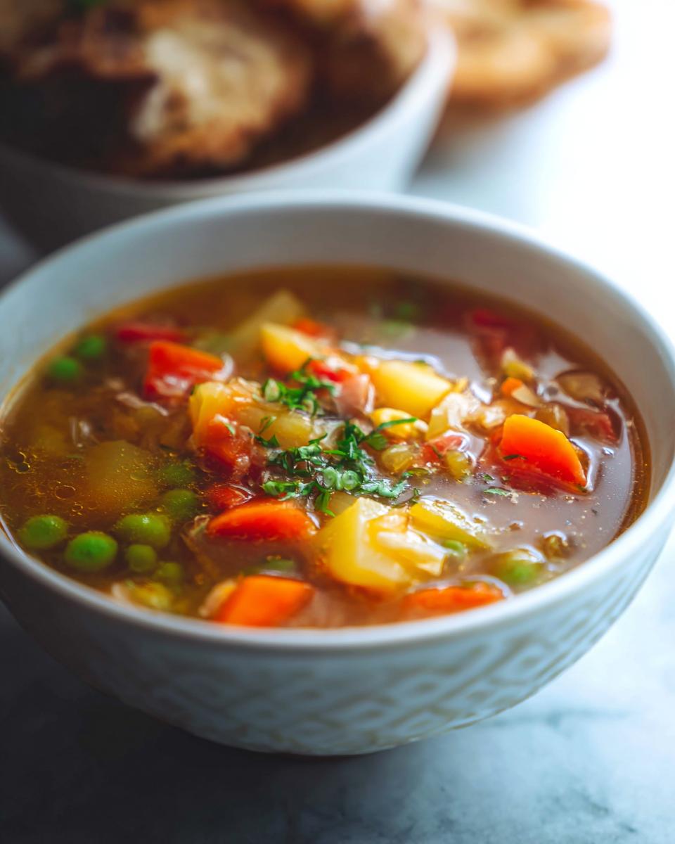 A close-up of a bowl filled with hearty homemade vegetable soup, featuring carrots, potatoes, peas, and herbs.